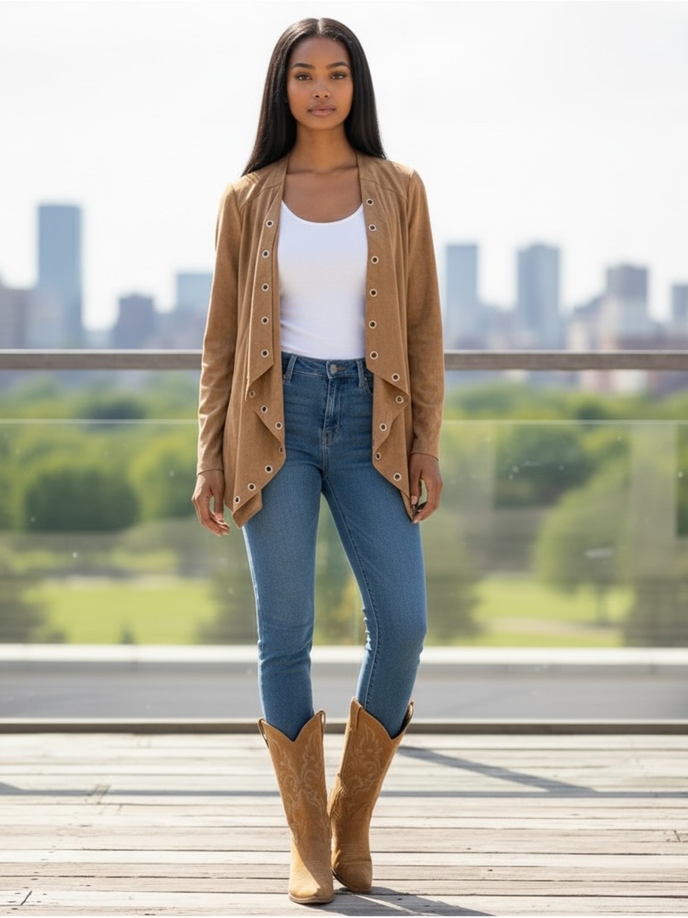 Chico's Camel Grommet-Trim Drape Faux Suede Jacket